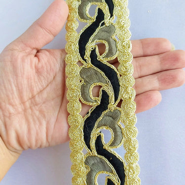 Black, Grey And Gold Cut Work Embroidered Trim, Approx. 48mm wide